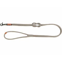 Graue, rund genähte BE-NORDIC-Lederleine mit Handschlaufe, BE-NORDIC-Emblem und Trigger-Snap-Karabiner