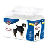 Originalpackung der weißen TRIXIE Hündinnenwindeln in Größe M–L mit Beispielhund