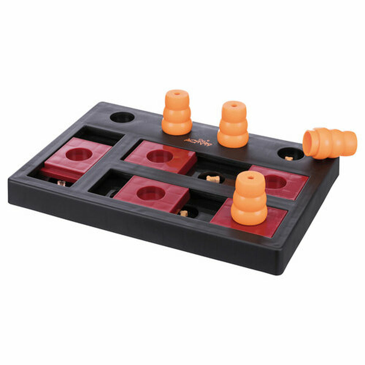 Schwarzes TRIXIE-Chess-Spielbrett mit roten Schiebedeckeln und vier orangefarbenen Kegeln