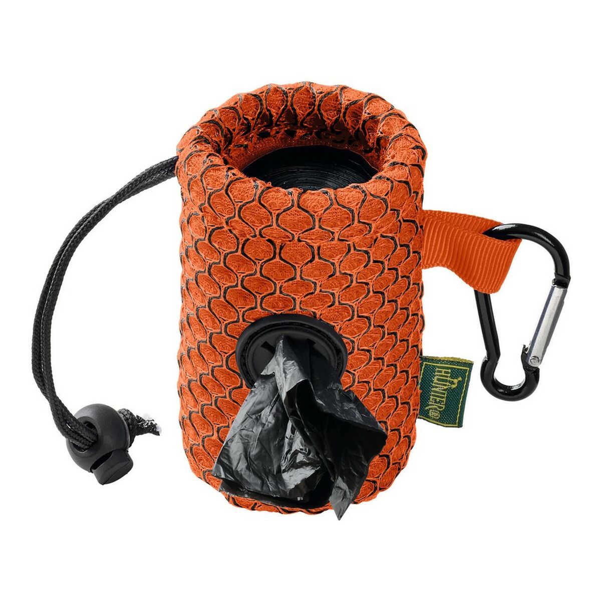 Oranger HUNTER-Hilo-Kotbeutelspender aus Mesh mit Karabiner und herausgezogenem schwarzem Beutel