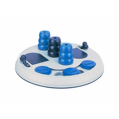 Weißes TRIXIE-Flip-Board-XXL-Spielbrett mit drei blauen Kegeln sowie Klapp- und Schiebedeckeln