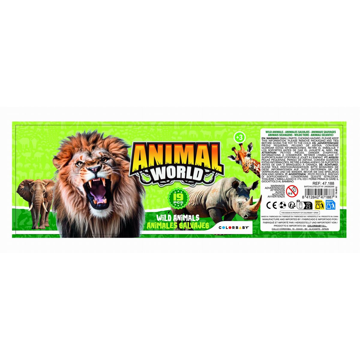 Originaletikett von Colorbaby Animal World mit Herstellerreferenz 47188, Barcode und Sicherheitshinweisen