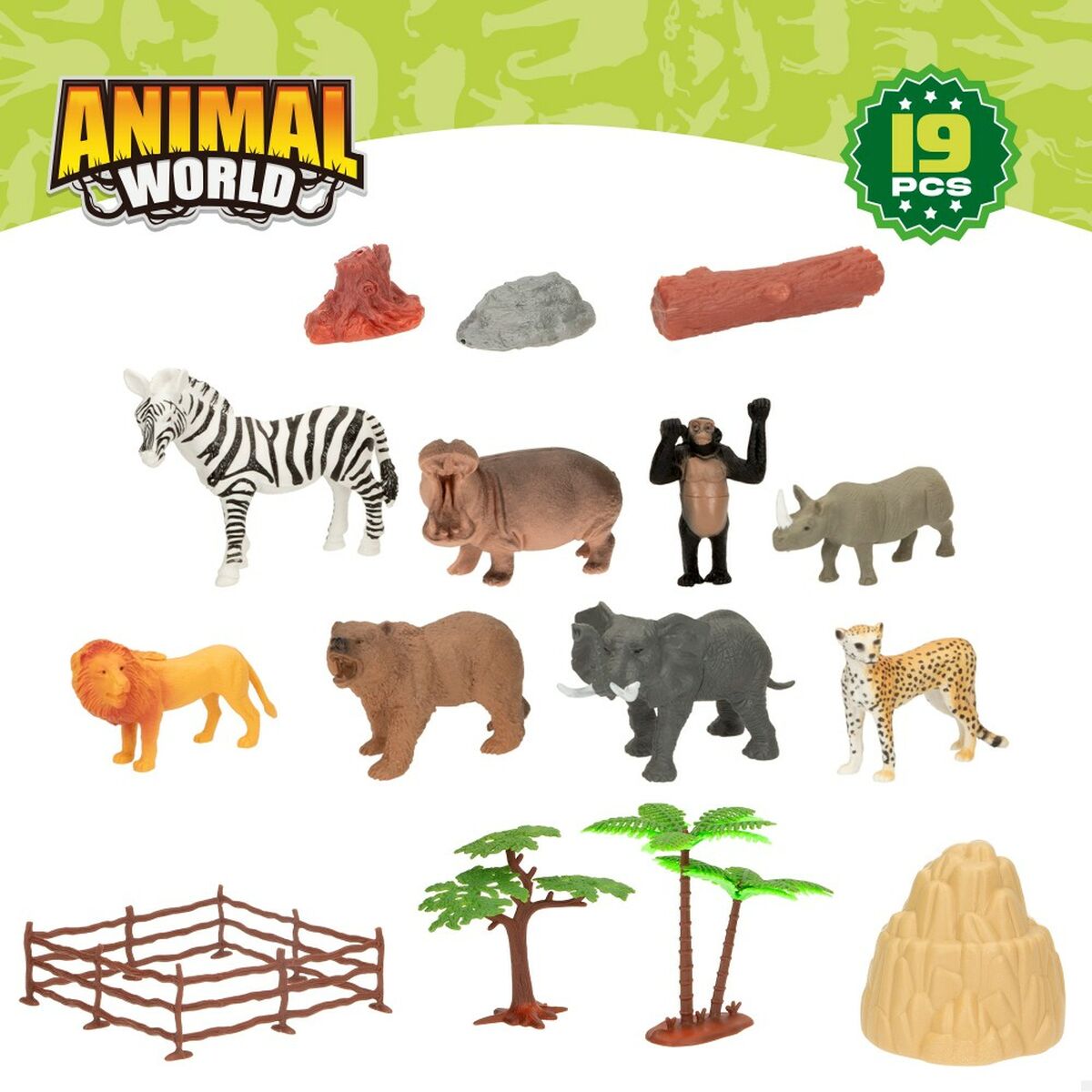 Übersicht der Tierfiguren, Bäume, Felsen, Zaunelemente und des Baumstamms, Kennzeichnung 19 Teile