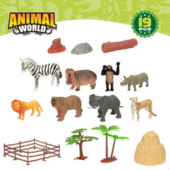 Übersicht der Tierfiguren, Bäume, Felsen, Zaunelemente und des Baumstamms, Kennzeichnung 19 Teile