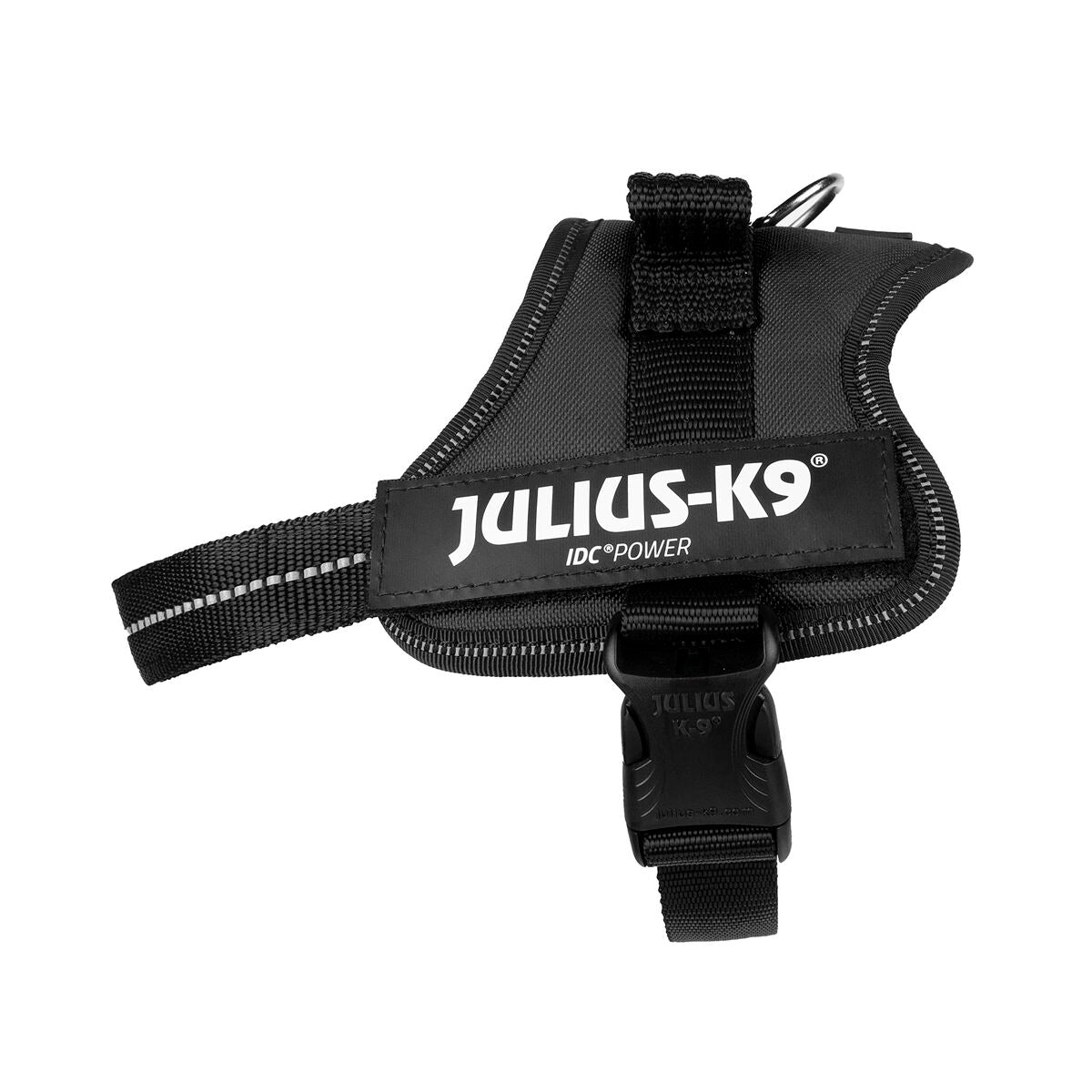 Schwarzes JULIUS-K9-Geschirr in Seitenansicht mit reflektierender Einfassung
