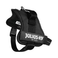 Rückseitiger Blick auf schwarzes JULIUS-K9-Geschirr mit Haltegriff und Anleinring