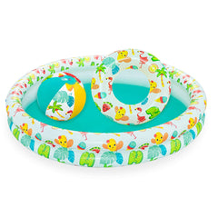 Bestway Planschbecken-Set mit zwei Luftringen, bunten Tiermotiven, passendem Schwimmring und Wasserball