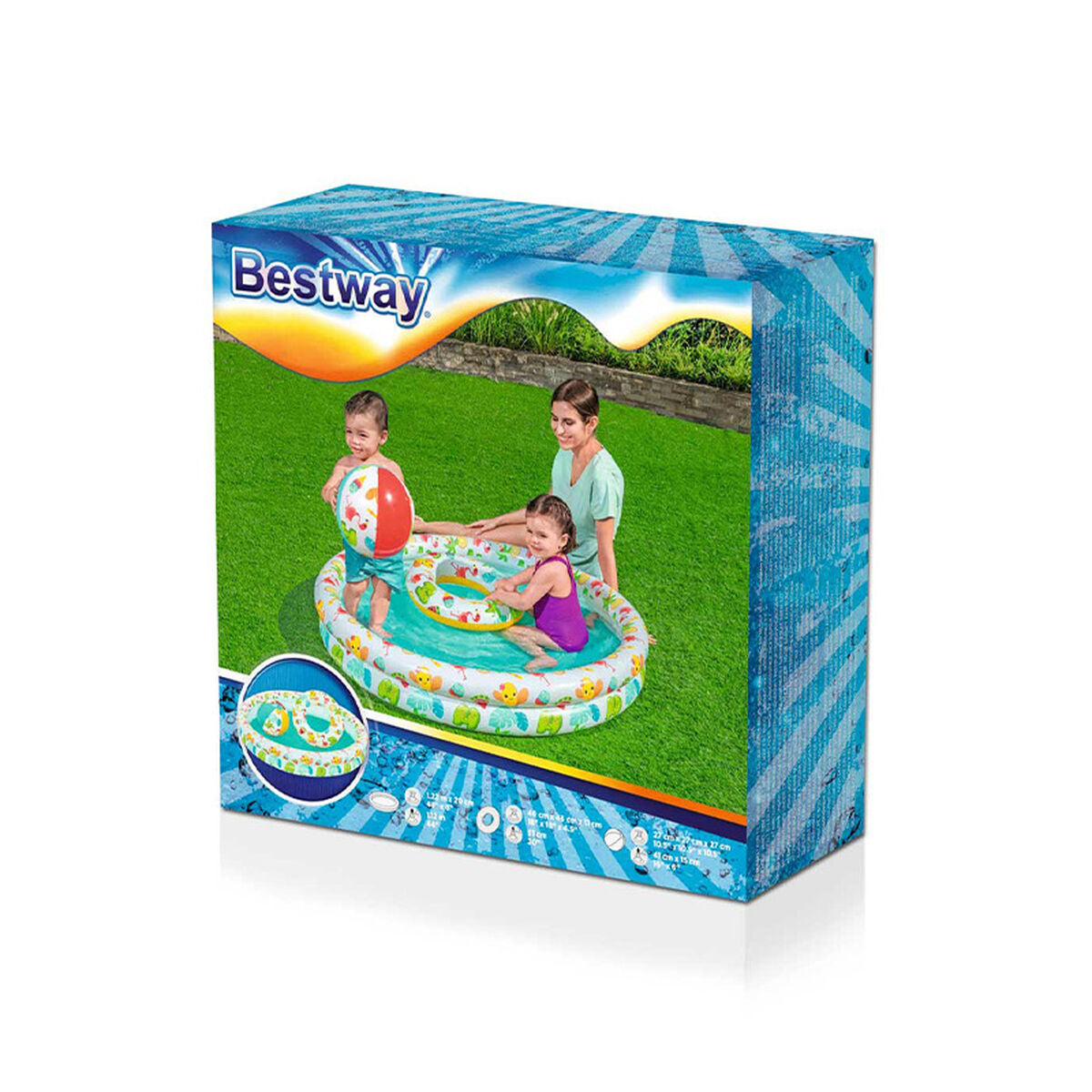 Bestway Originalverpackung des Planschbecken-Sets mit Becken, Ring und Ball bei beaufsichtigtem Spielen
