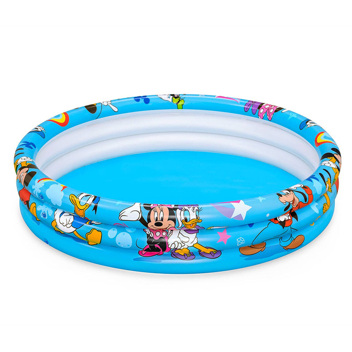 Rundes blaues Bestway Mickey-und-Friends-Planschbecken mit drei Luftringen, Disney-Figuren und blauem Boden