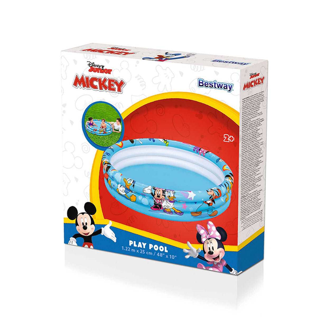 Originalverpackung des Bestway Mickey-und-Friends-Planschbeckens 91007 mit Beckenmotiv und Alterskennzeichnung ab zwei Jahren