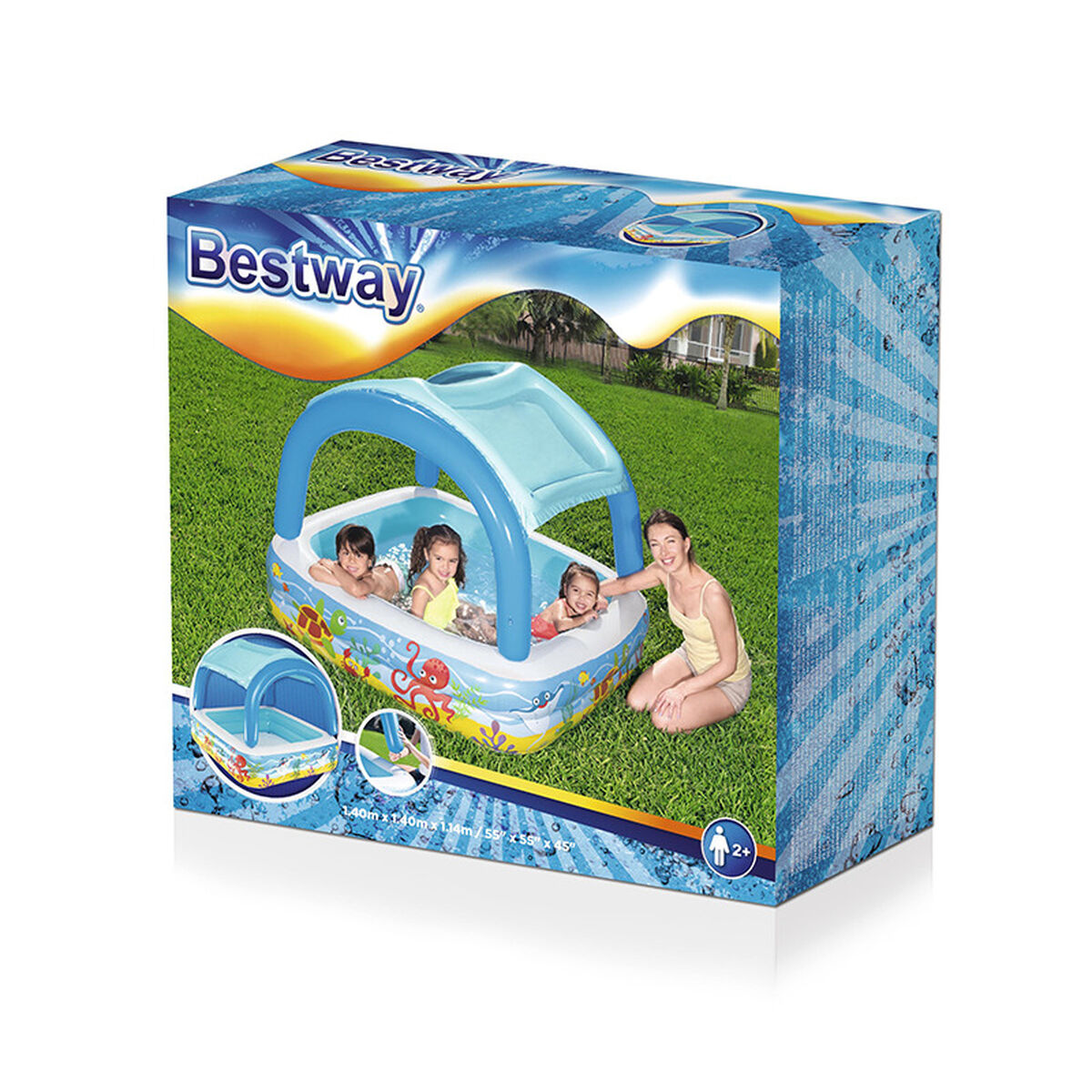 Originalverpackung des Bestway Beach Buddy Planschbeckens 52192 mit Dach und Alterskennzeichnung ab zwei Jahren
