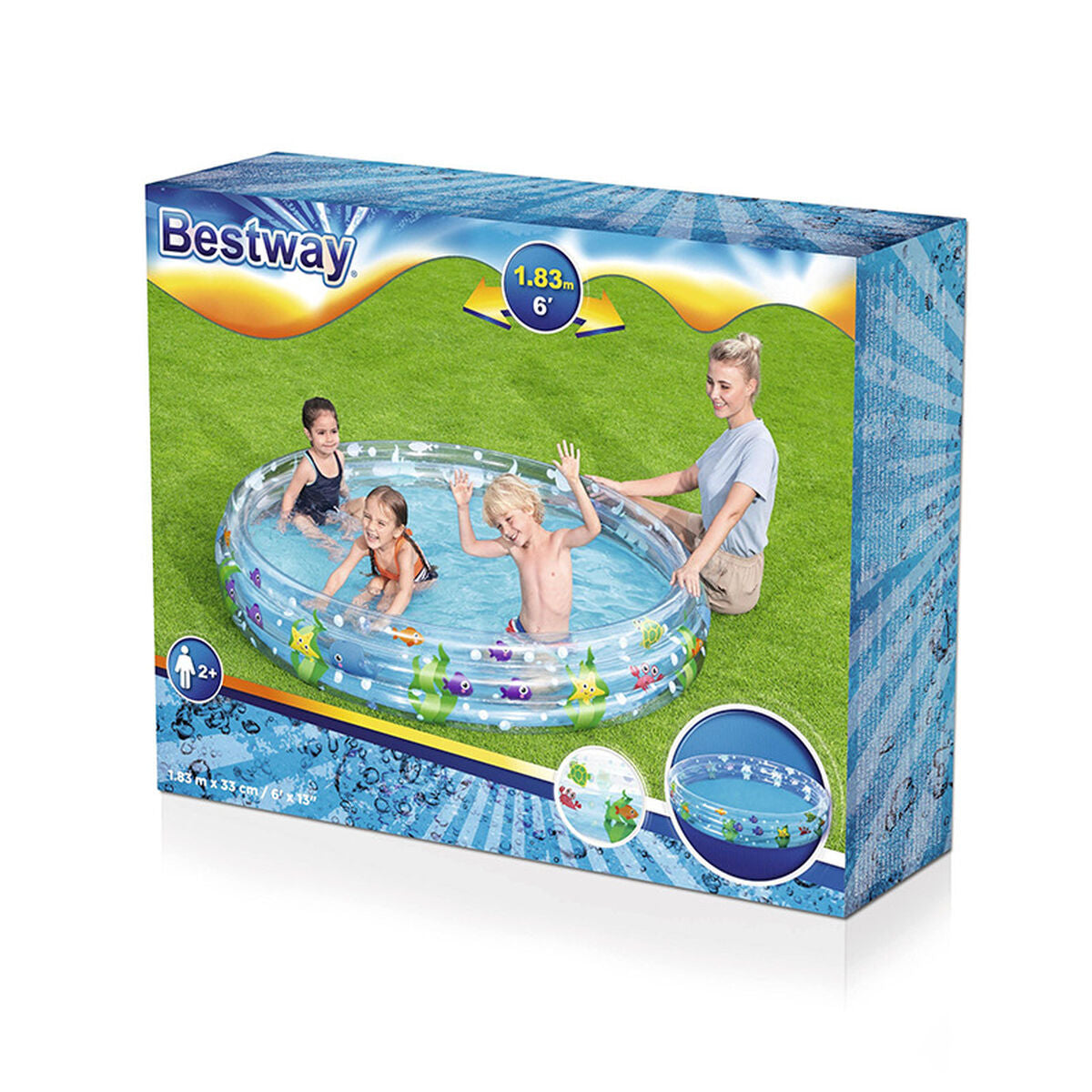 Originalverpackung des Bestway Deep Dive Planschbeckens mit Meeresmotiven und Größenangabe 1,83 m