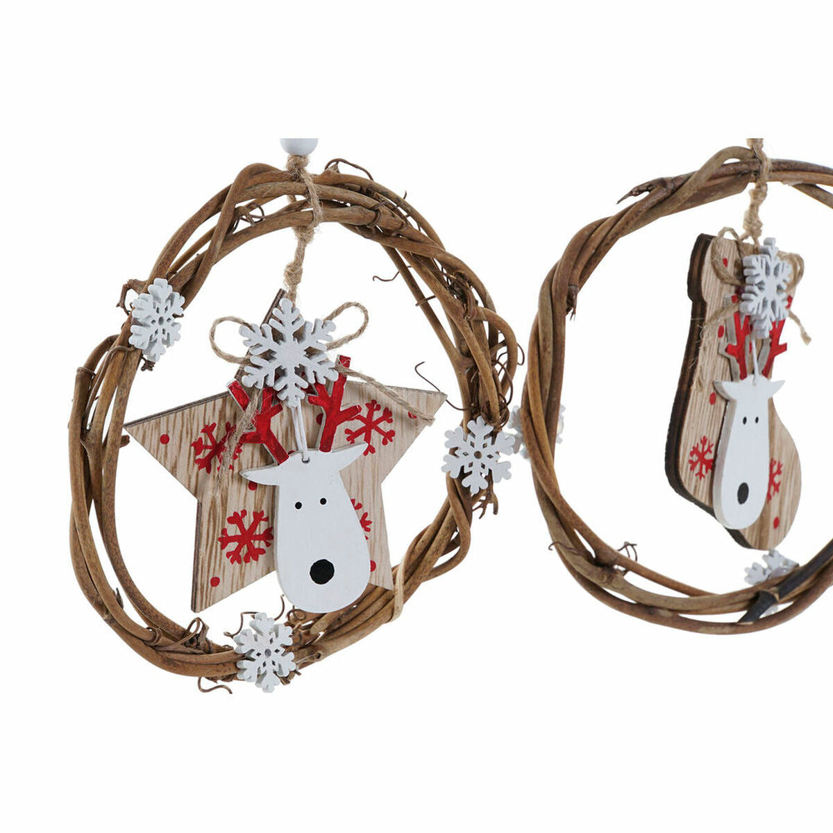 Detail der DKD Holz-Weihnachtsanhänger mit runder Einfassung, weißem Stern und Schneeflocken