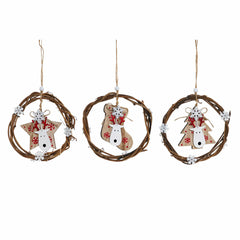 Drei runde braune DKD Weihnachtsanhänger aus Holz mit weißen Figuren, roten Akzenten und Aufhängeschnüren