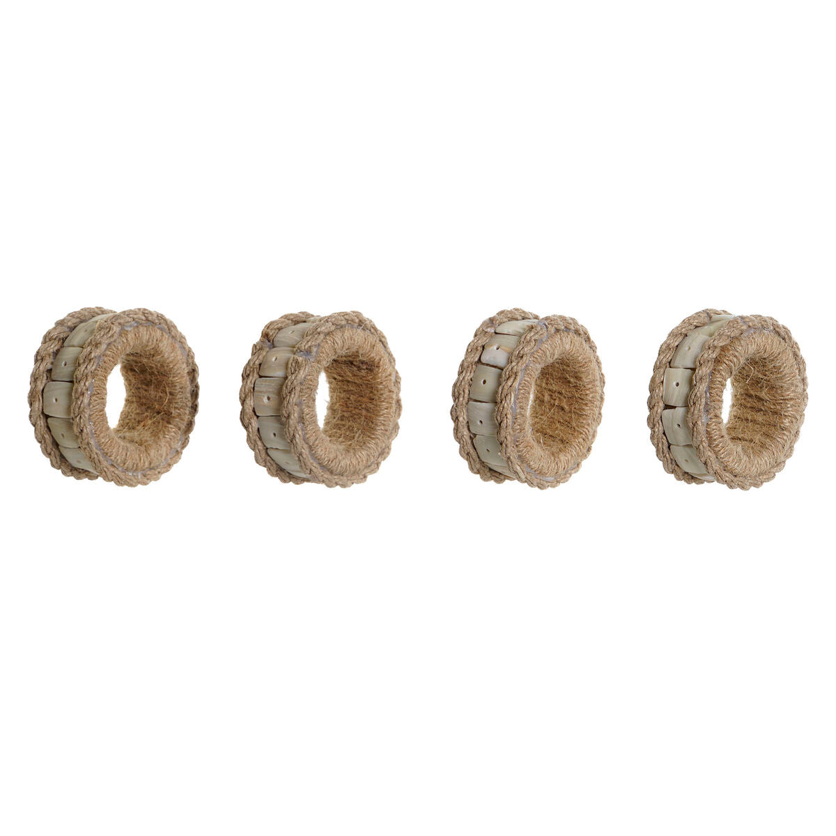Vier DKD Home Decor Serviettenringe mit naturfarbener Jute und hellem Harzdekor
