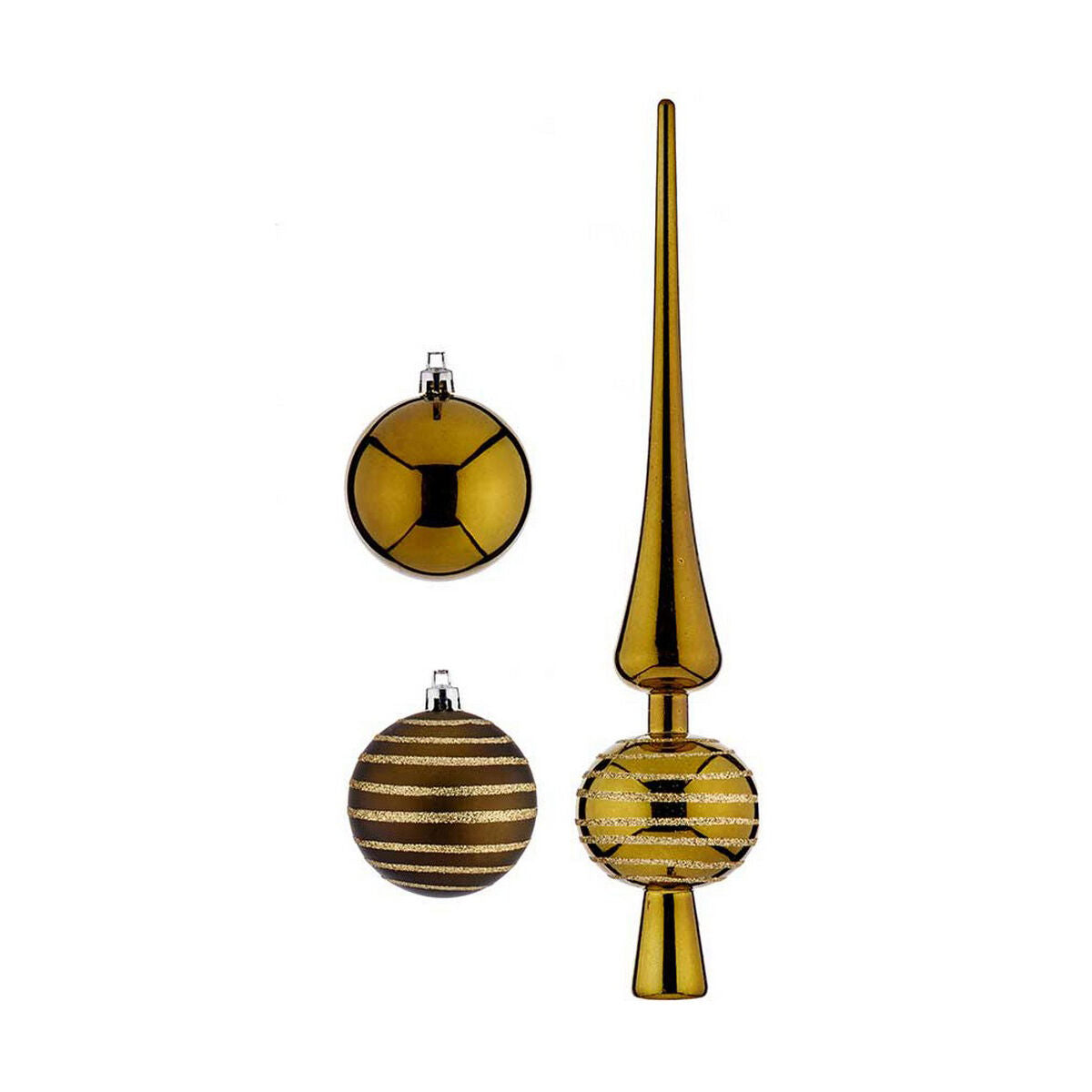 Krist+ Christbaumschmuck mit metallisch glänzenden und gestreiften Kugeln sowie länglicher Baumspitze