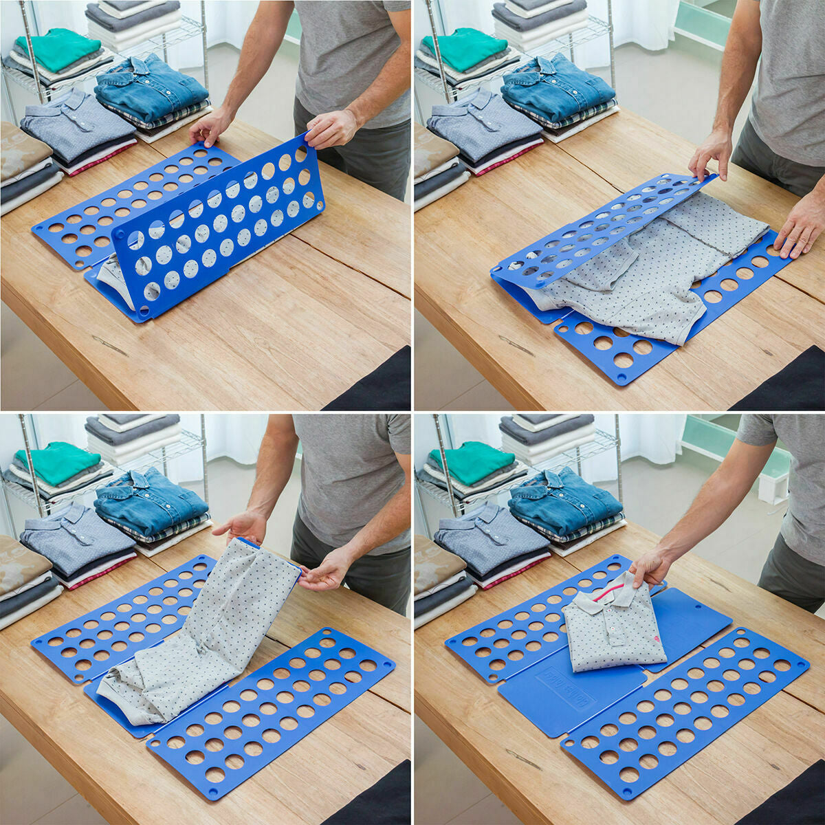 Vier Bilder zeigen das Zusammenlegen eines Hemds mit dem blauen Faltbrett