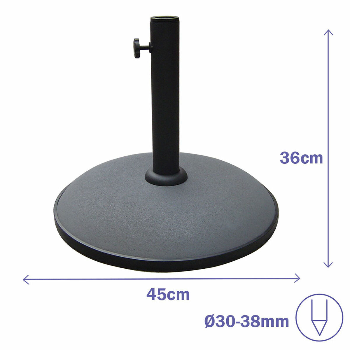 Maßzeichnung des grauen Marbueno Schirmständers mit 45 cm Durchmesser, 36 cm Höhe und Mastaufnahme