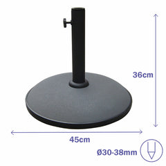 Maßzeichnung des grauen Marbueno Schirmständers mit 45 cm Durchmesser, 36 cm Höhe und Mastaufnahme