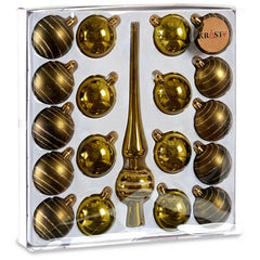 Originalpackung des Krist+ Christbaumschmuck-Sets mit 18 Kugeln und einer Baumspitze in metallisch glänzenden und dunkleren gestreiften Tönen