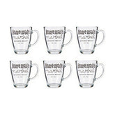 Sechs transparente Vivalto Glasbecher mit Henkel und Home made market Schriftdekor als Setdarstellung