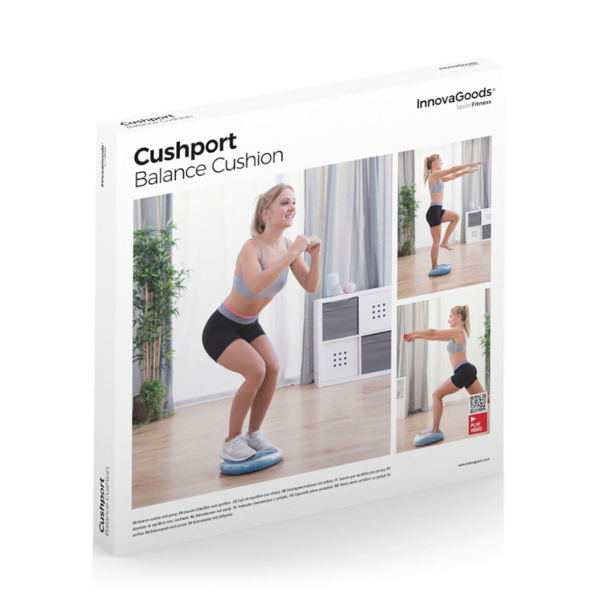 Cushport Originalverpackung mit abgebildeten Balanceübungen