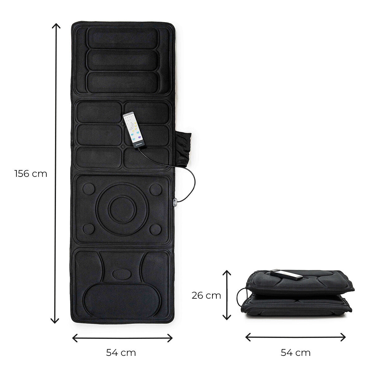 Maßdarstellung der Vhemat-Matte mit 156 × 54 cm und zusammengelegter Form