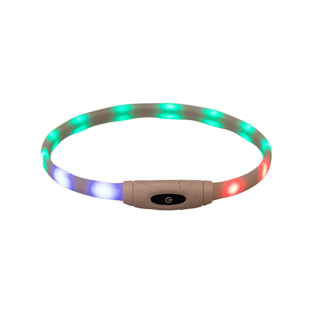 Ein mehrfarbig leuchtender TRIXIE-Flash-USB-Leuchtring mit Bedienknopf