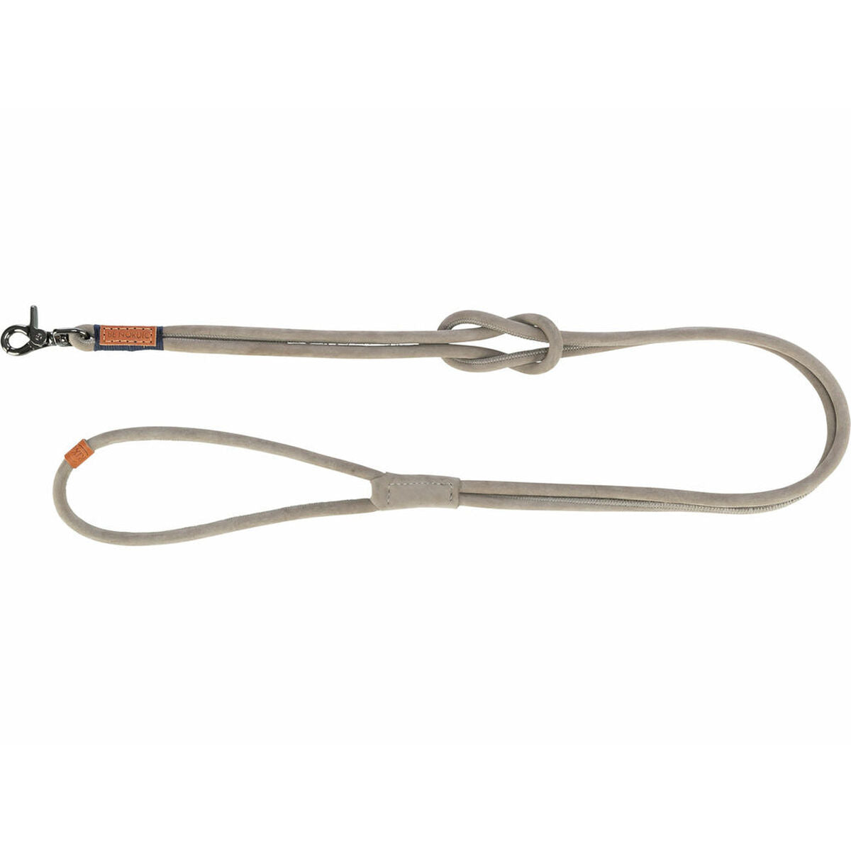 Graue, rund genähte BE-NORDIC-Lederleine mit Handschlaufe, BE-NORDIC-Emblem und Trigger-Snap-Karabiner