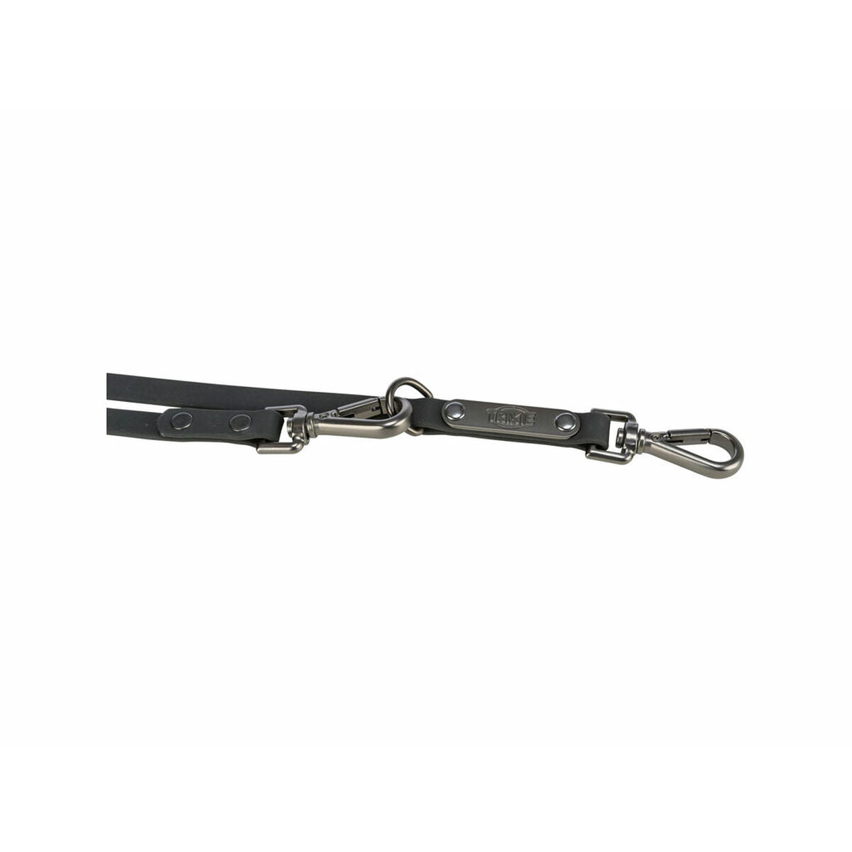Karabiner, Ring und genietetes Ende der schwarzen CityStyle-Leine im Detail