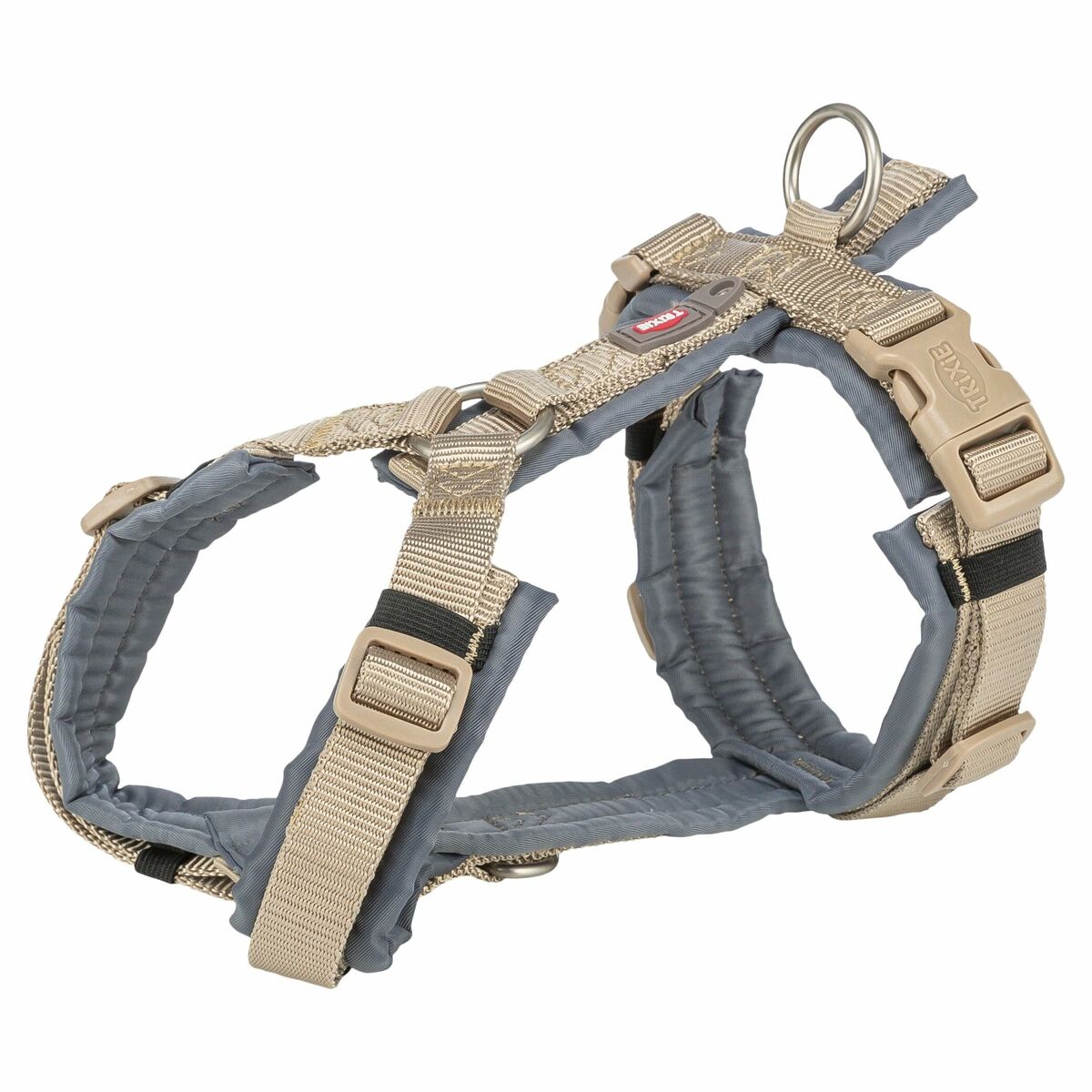 Sandfarbenes TRIXIE-Premium-Trekking-Geschirr mit graphitfarbener Polsterung, Schnallen und oberem Anleinring