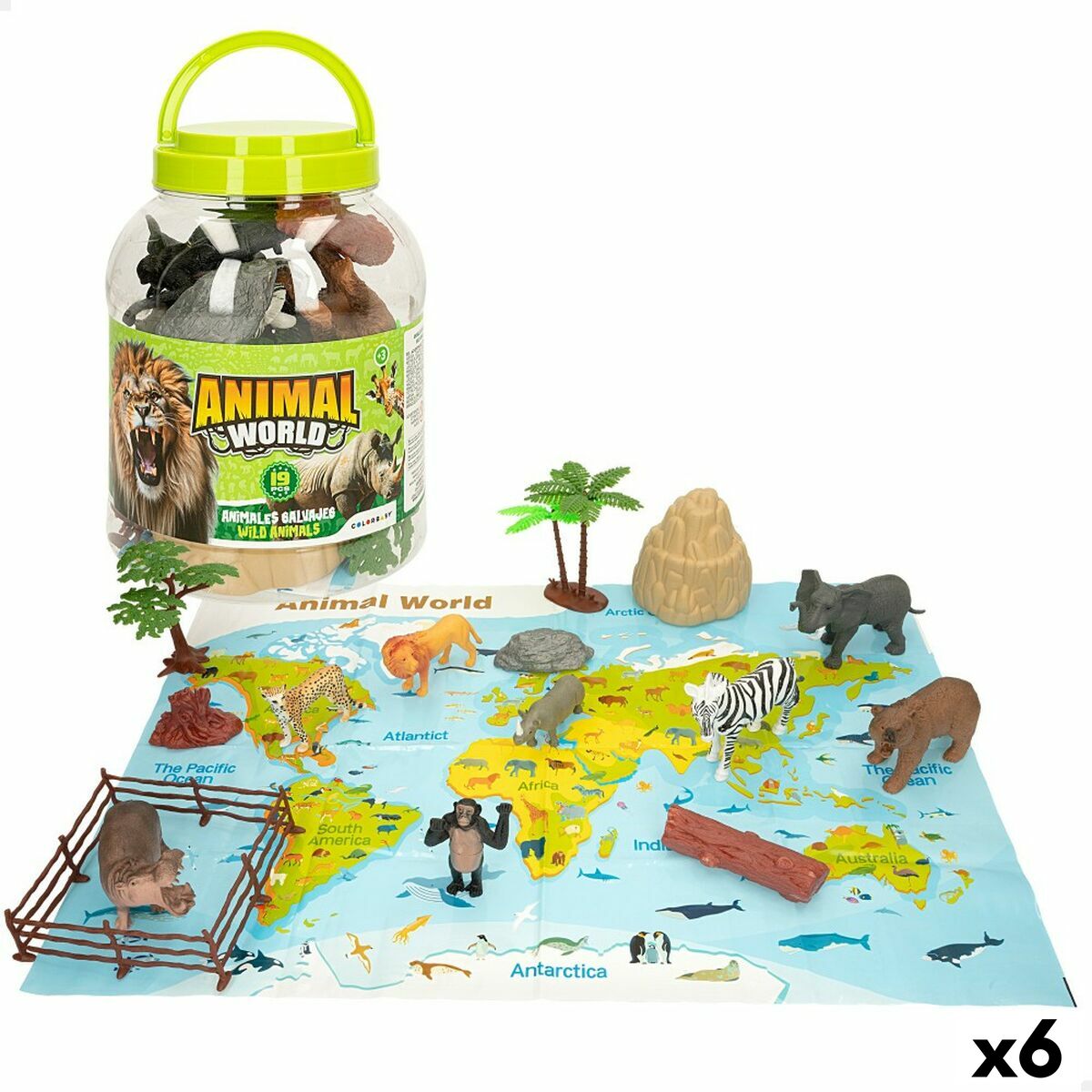 Colorbaby Animal World Wildtier-Spielset mit Weltkarte und grüner Aufbewahrungsdose, Kennzeichnung für sechs Sets