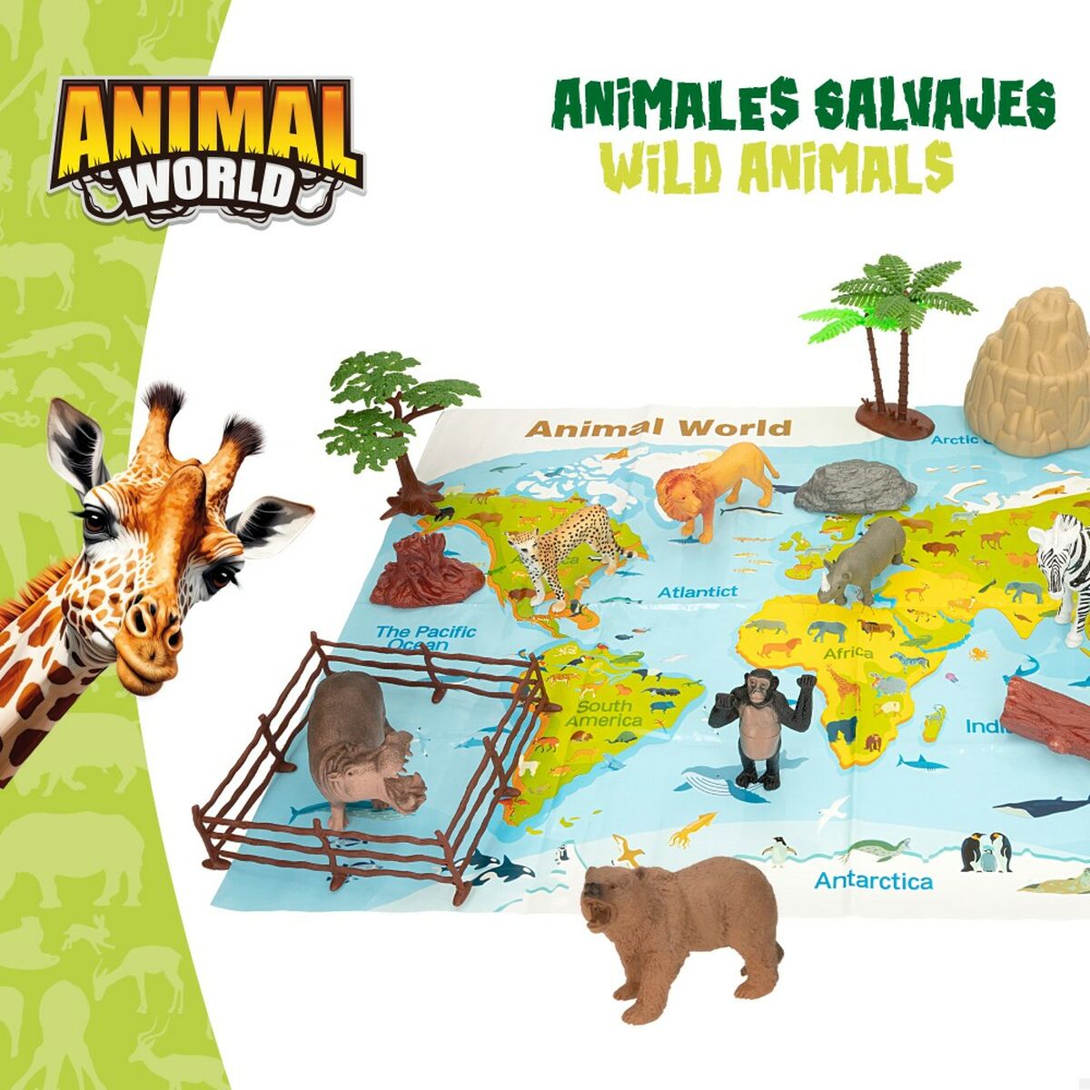 Animal World Wildtierfiguren und Landschaftselemente auf einer bedruckten Weltkarte