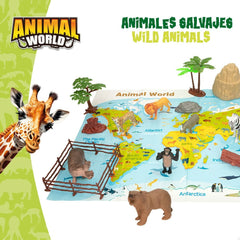 Animal World Wildtierfiguren und Landschaftselemente auf einer bedruckten Weltkarte