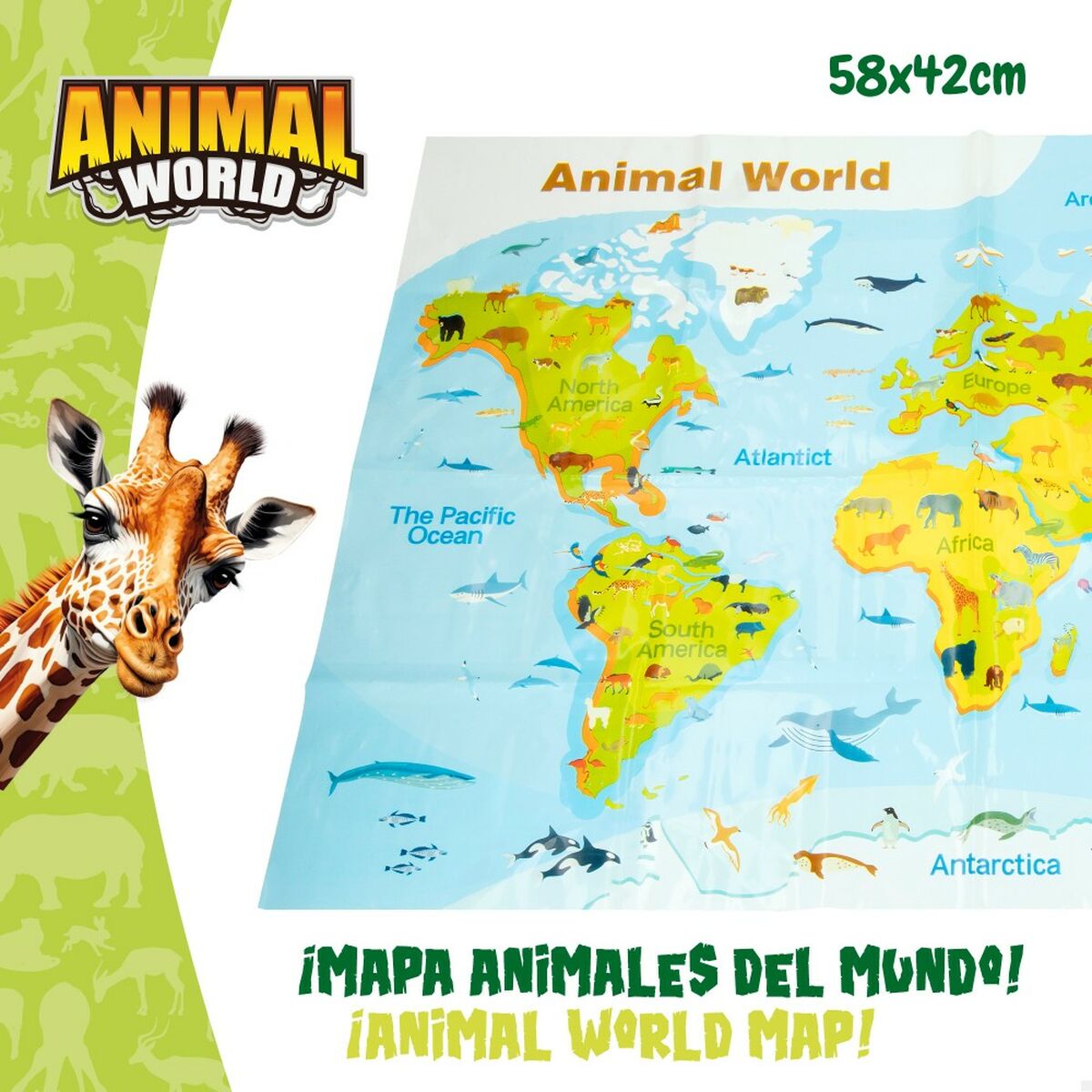 Animal World Weltkarte mit eingezeichnetem Maß 58 × 42 cm