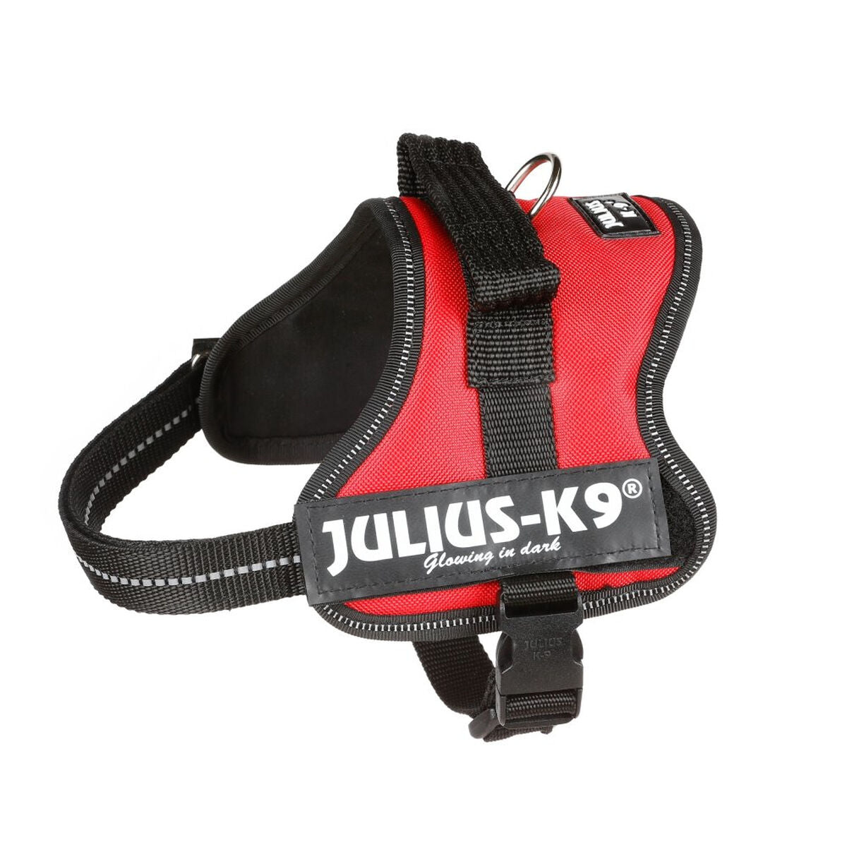Rotes JULIUS-K9-Powergeschirr mit Haltegriff, Anleinring und Schnallenverschluss