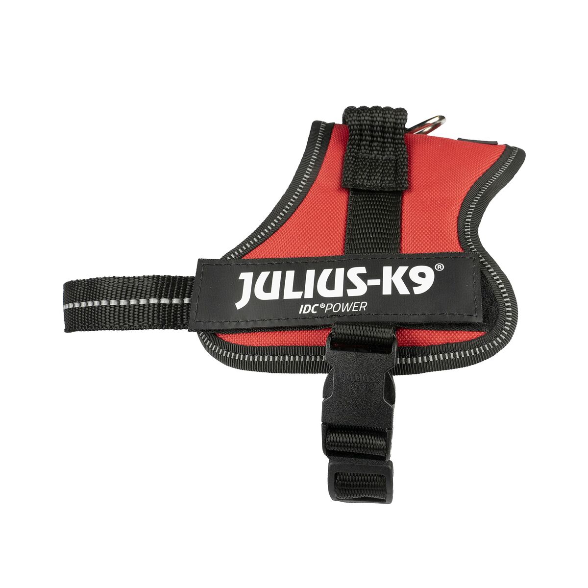 Rotes JULIUS-K9-Powergeschirr mit schwarzem Bauchgurt in Seitenansicht