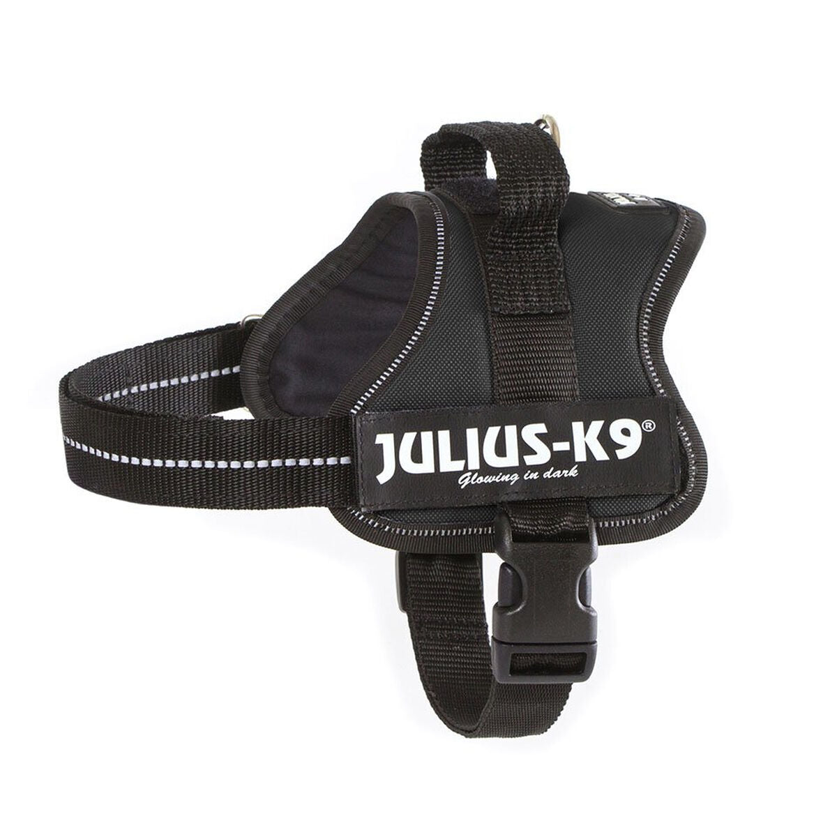 Schwarzes JULIUS-K9-Powergeschirr mit seitlichem Schriftzug, Schnalle und Haltegriff