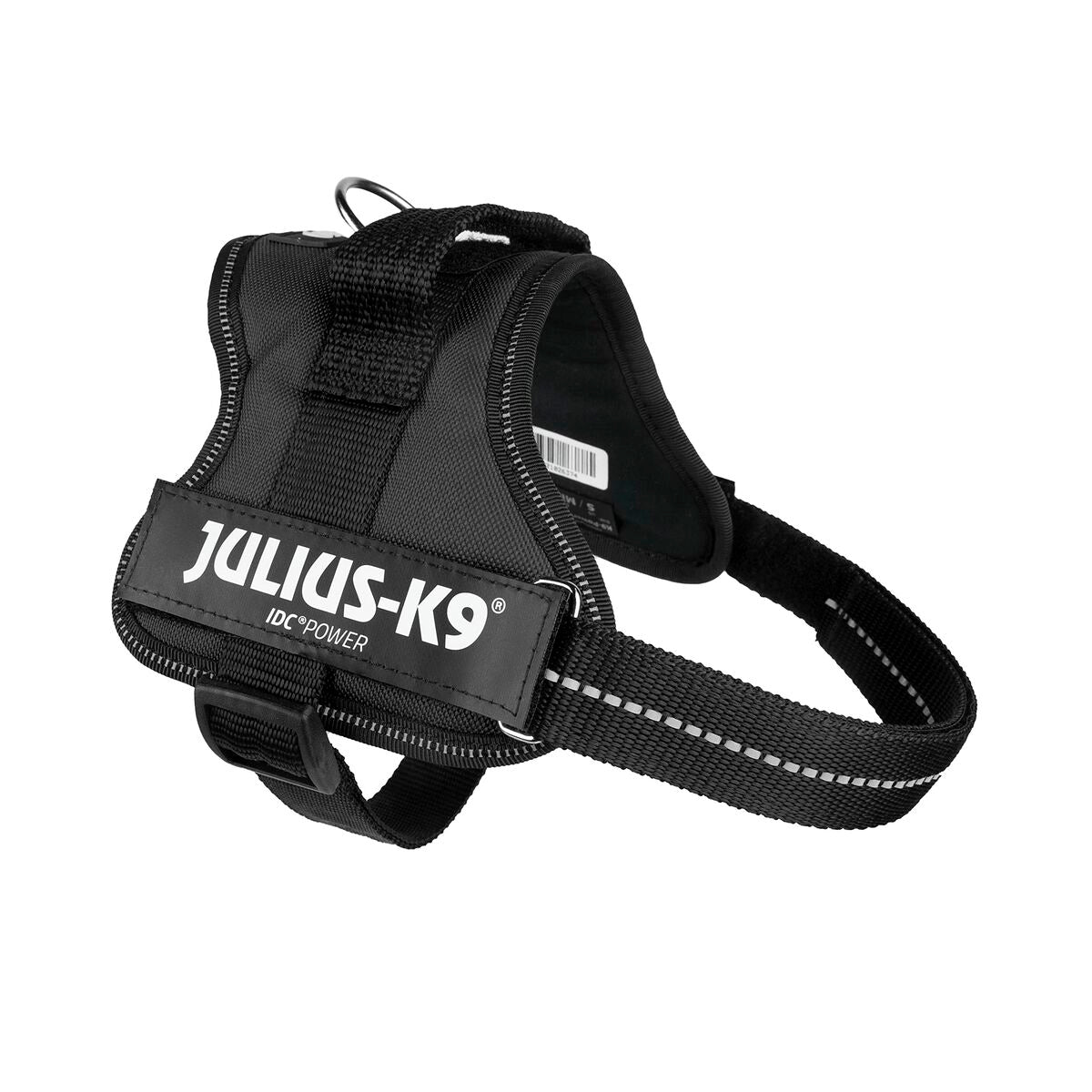 Schwarzes JULIUS-K9-Geschirr von schräg hinten mit sichtbarer Polsterung und Brustgurt