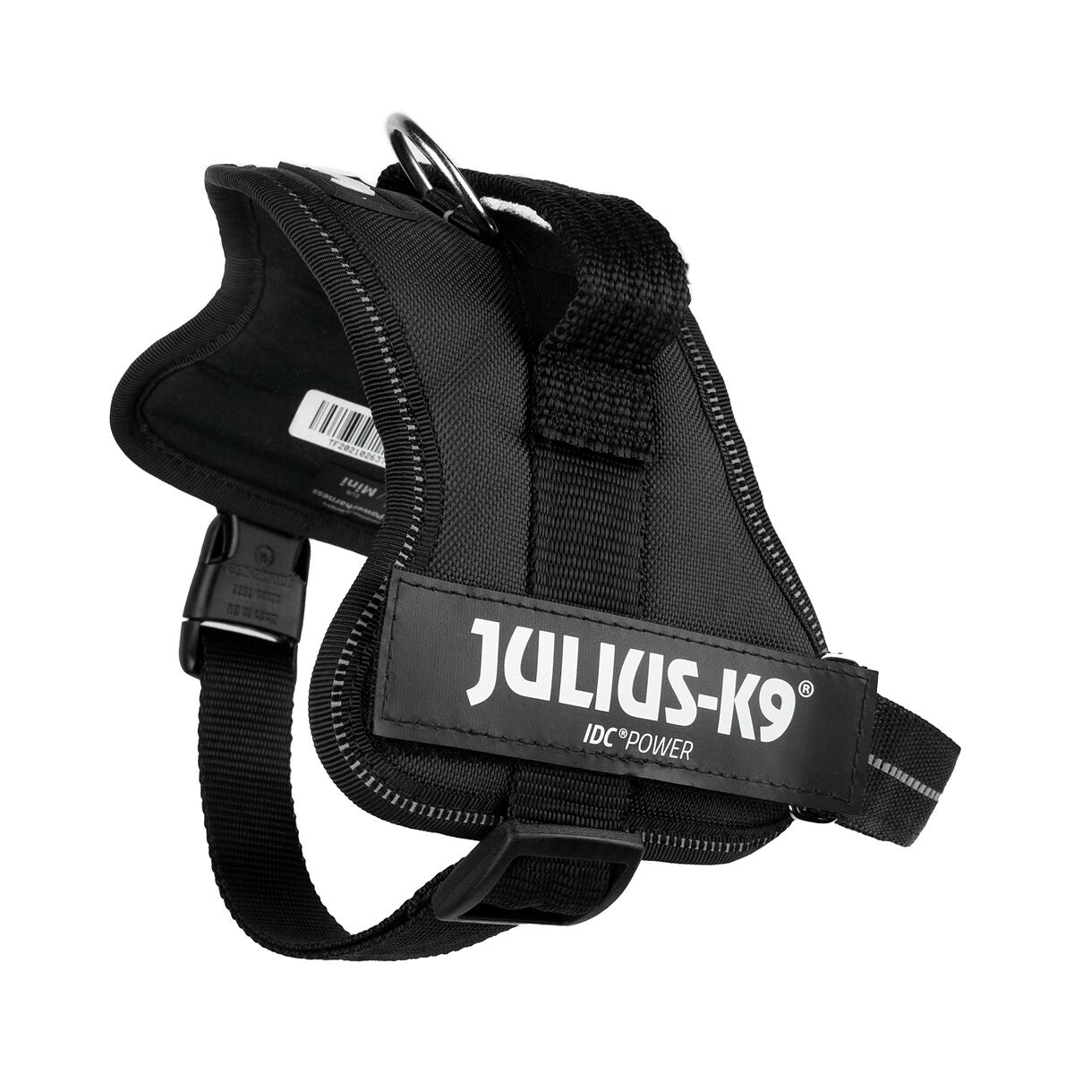 Rückseitiger Blick auf schwarzes JULIUS-K9-Geschirr mit Haltegriff und Anleinring