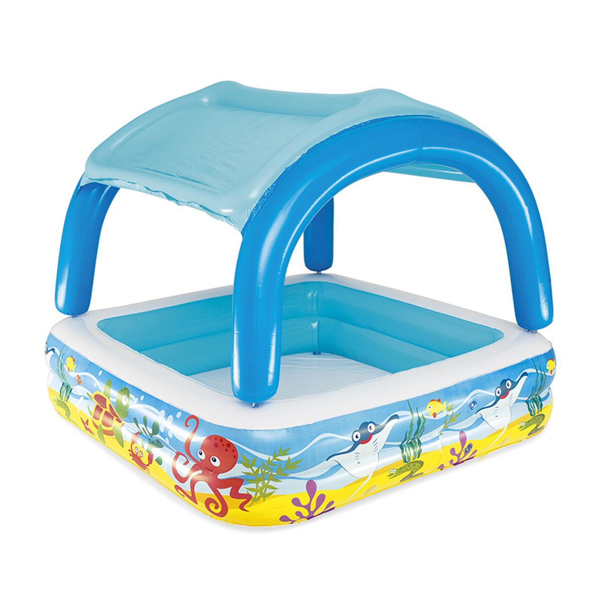 Bestway Beach Buddy Planschbecken mit blau-türkisem abnehmbarem Dach, zwei Luftringen und bunten Meeresmotiven