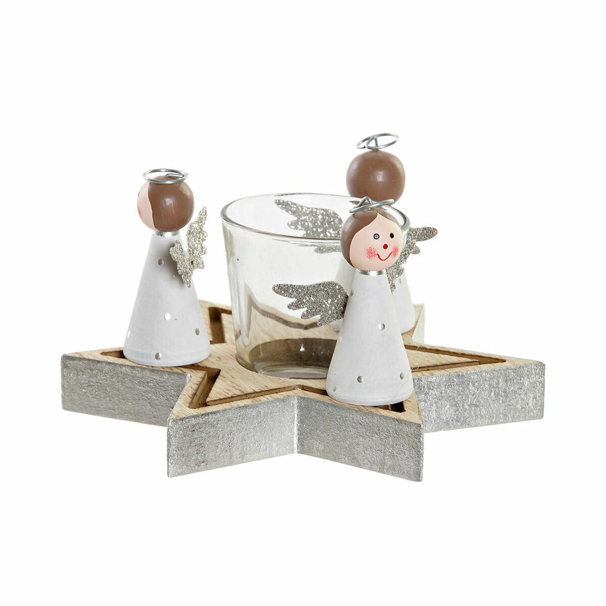 DKD Weihnachts-Kerzenhalter mit sternförmigem Sockel, Glasbehälter und drei weißen Engelsfiguren mit silberfarbenen Flügeln