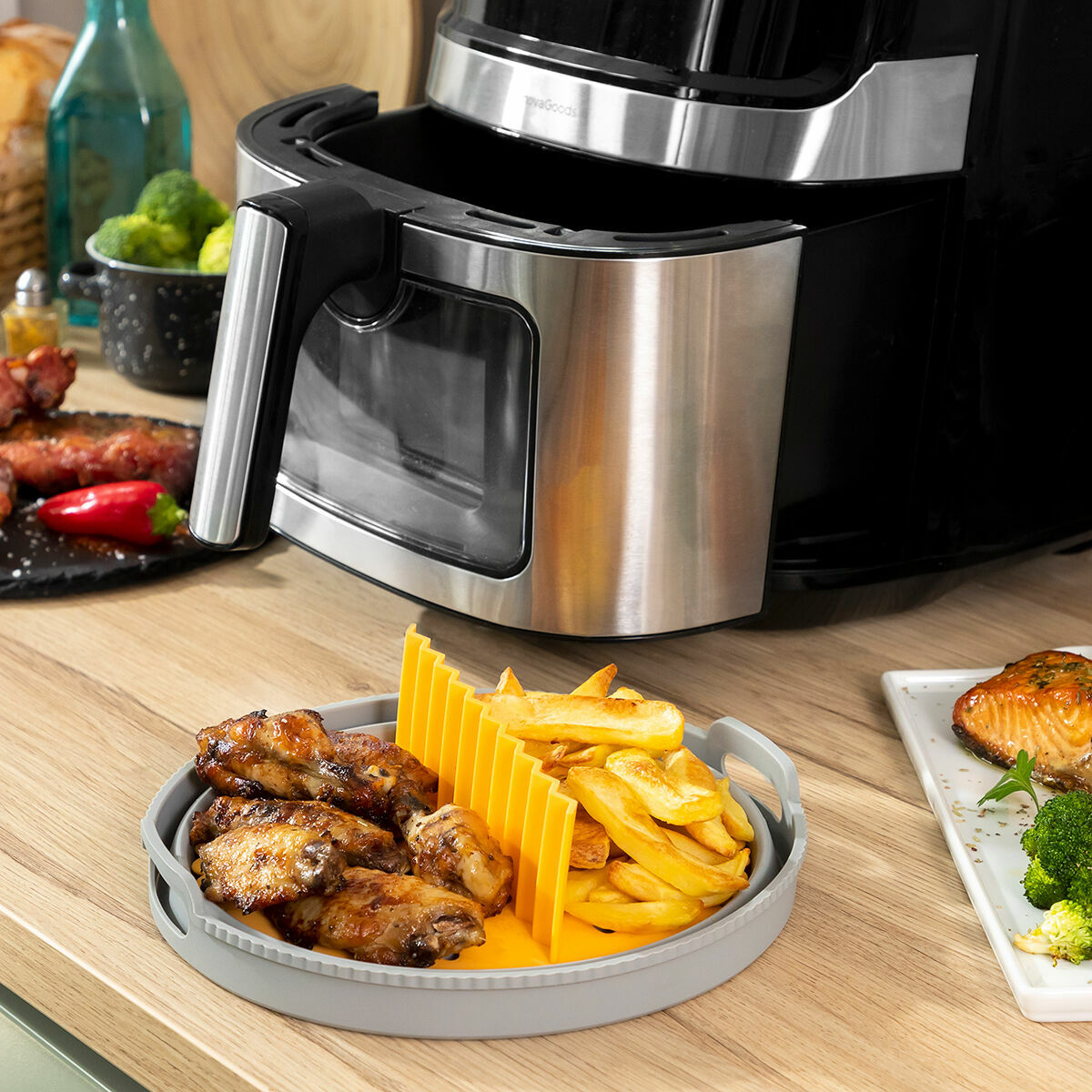 Set faltbare Silikonkörbe mit Griffen und Trennern für Heißluftfritteuse InnovaGoods (3 Stk.) – Produktansicht 3
