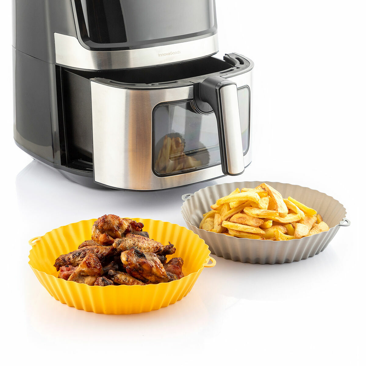 4er-Pack Silikonkörbe mit Griffen für Heißluftfritteuse und 2 Küchenpinsel InnovaGoods – Produktansicht 9