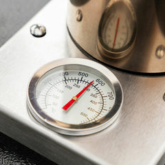 Nahansicht des analogen Thermometers auf dem Pizzahven-Pizzaofen