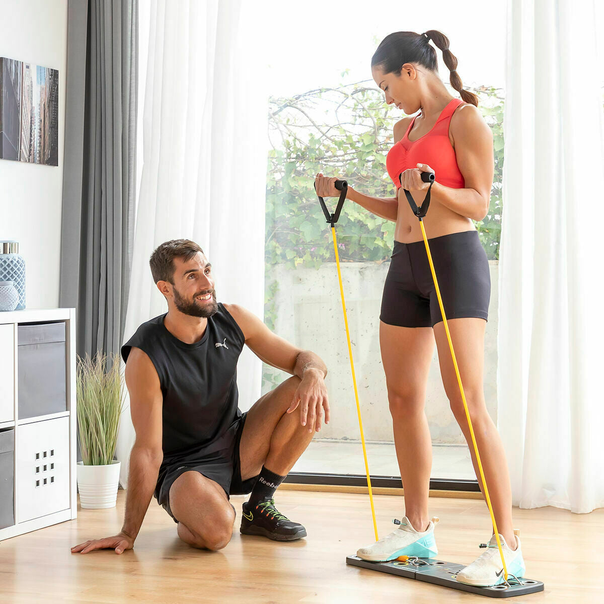Pack Liegestützbrett und Satz regulierbaren Stretchbändern mit Accessoires und Übungsleitfaden InnovaGoods – Produktansicht 5