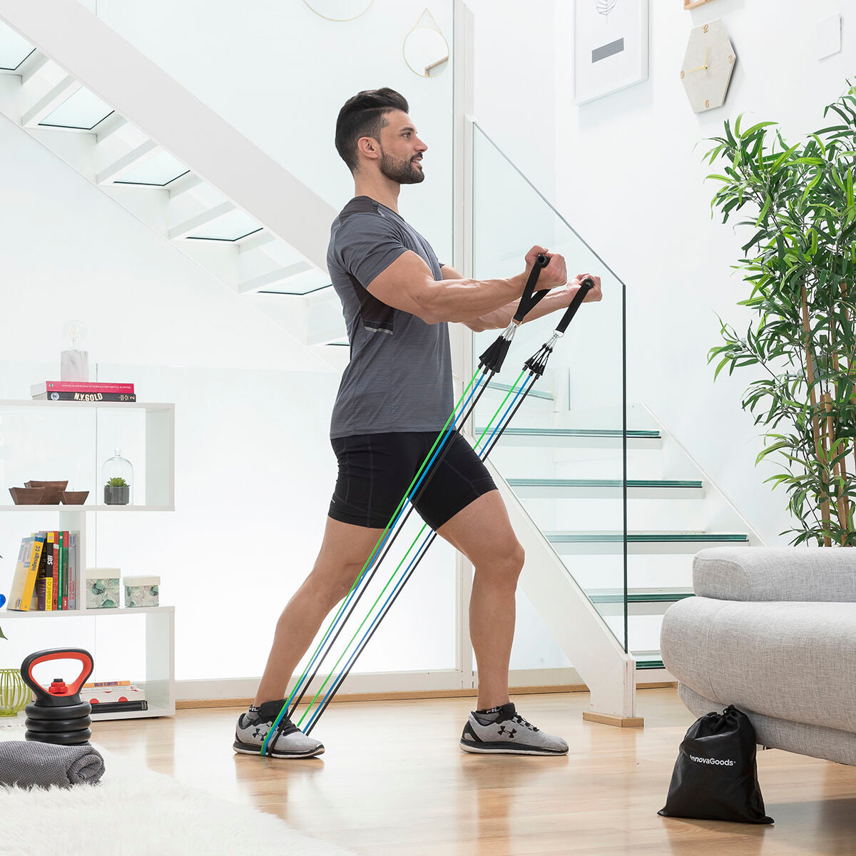 Set Bauchmuskeltrainer klappbar und Widerstandsbänder mit Zubehör und Übungsanleitung InnovaGoods – Produktansicht 4