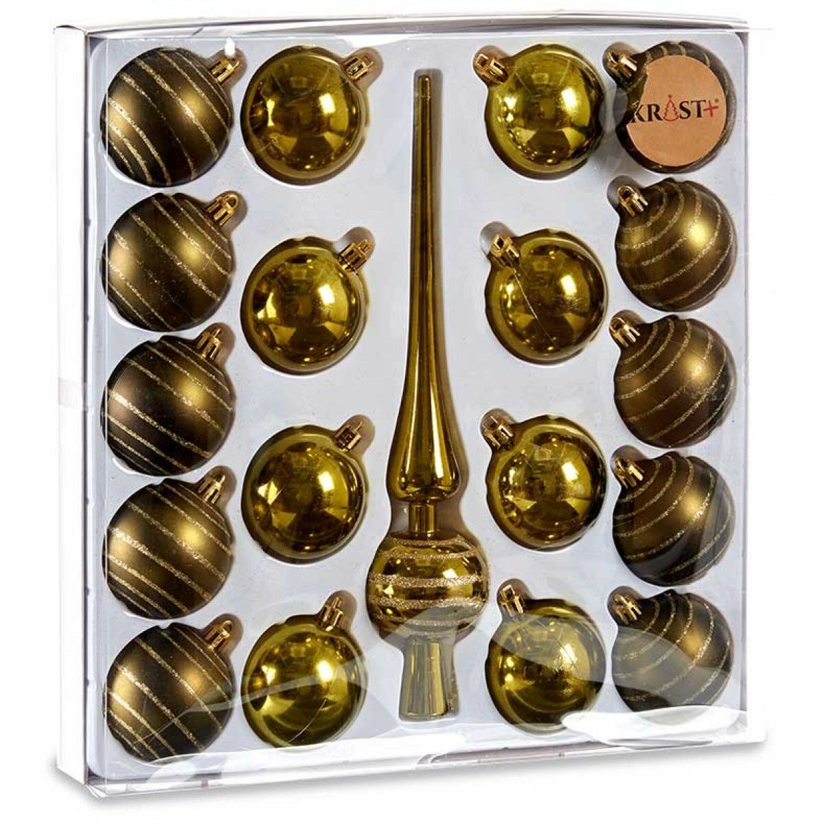 Originalpackung des Krist+ Christbaumschmuck-Sets mit 18 Kugeln und einer Baumspitze in metallisch glänzenden und dunkleren gestreiften Tönen
