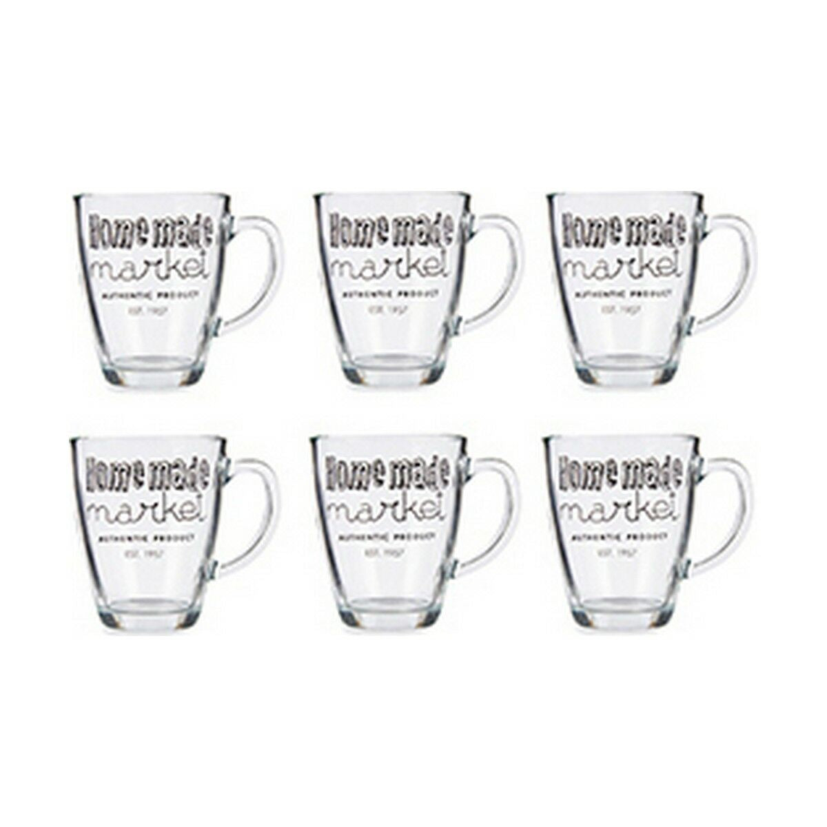 Sechs transparente Vivalto Glasbecher mit Henkel und Home made market Schriftdekor als Setdarstellung