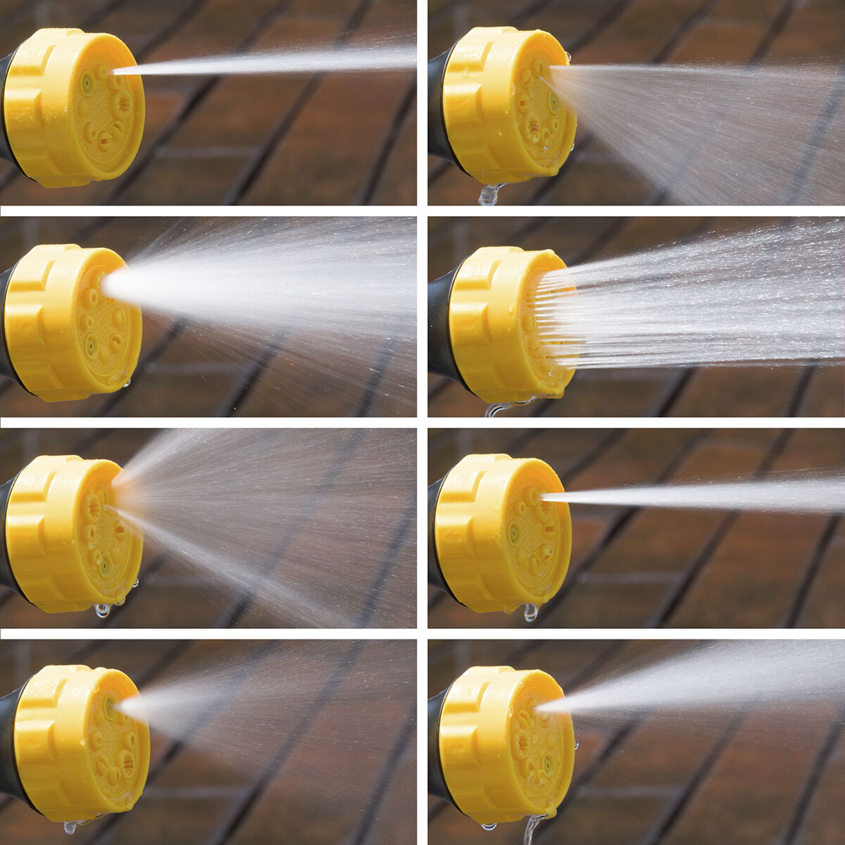 Übersicht der acht Wasserstrahlformen an der Forzater-Sprühdüse